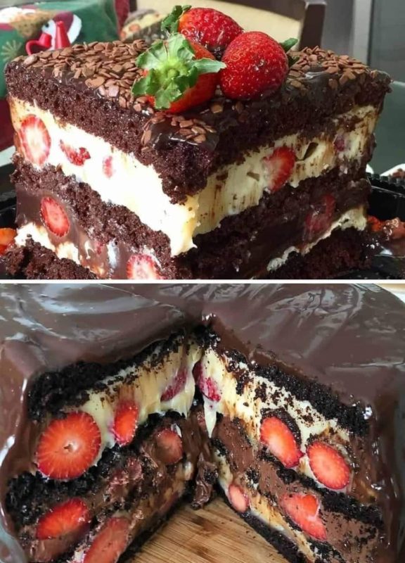 bolo de chocolate recheado com ninho e morango